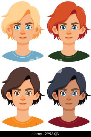 Vier Zeichentrickfiguren mit verschiedenen Frisuren und Farben Stock Vektor