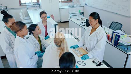 Wissenschaft, Labor und Lehrer mit Schülern im Unterricht für Lernen, Bildung und Forschung an der Medizinischen Universität. Schule, Chemie und Frau Stockfoto