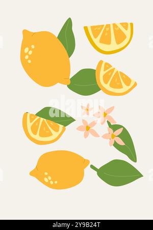 Abstraktes vertikales Zitronen-Poster, Vektor-Illustration. Sommer- oder Herbstmuster mit tropischen Zitrusfrüchten, Ernteabdeckung. Kann verwendet werden Stock Vektor