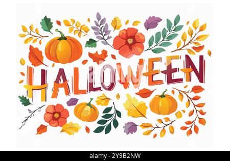 Halloween-Illustration mit Kürbissen, Herbstblättern und bunten Blumen. Ein festliches und fröhliches Design, perfekt für saisonale Dekoration und Urlaub Stock Vektor
