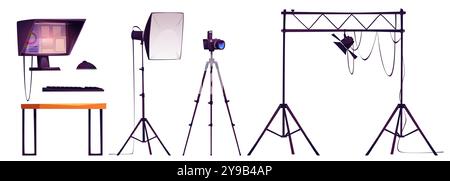 Fotostudio-Ausrüstung, isoliert auf weißem Hintergrund. Vektor-Zeichentrickillustration von professioneller Kamera, Softbox und Spotlight für Beleuchtung, Computer für Blog- oder Werbeinhalte Stock Vektor