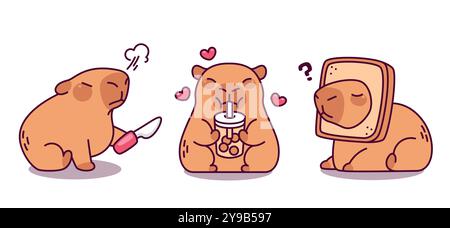 Niedliches lustiges Capybara Maskottchen in verschiedenen Posen. Cartoon Vektor Nagetier Charakter Capibara sitzt mit quadratischem Brot auf dem Kopf, trinkt Cocktail oder Tee trinken mit Stroh, wütend sitzend mit Messer. Stock Vektor