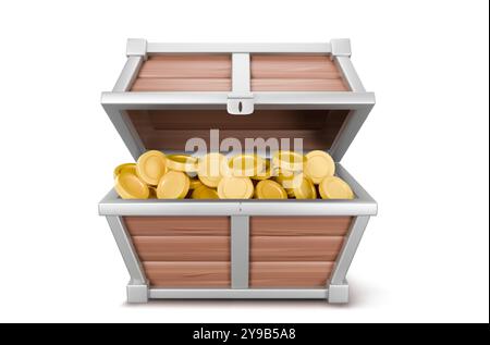 3D offene Schatzkiste mit goldenem Münzvektor. Goldgeld in Holzkiste. Realistisches, vollständiges Kofferraumobjekt für ein mysteriöses Adventure-Spiel. Gefüllte Beute-Kiste Konzept isoliert auf weißem Hintergrund Stock Vektor