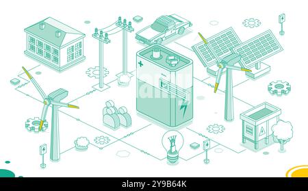 Konzept für saubere Energie. Isometrische 9 V 9 Volt Batterie, Solarpaneele und Windturbinen isoliert auf weißem Hintergrund. Vektorabbildung. Umrissstil. Stock Vektor