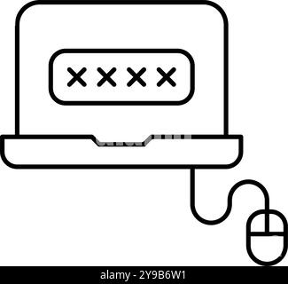 Kennwort mit Sternchen im Eingabefeld. Laptop mit angeschlossener Computermaus. Sicherer Kontozugriff. Pixelperfekter, bearbeitbarer Konturvektor i Stock Vektor