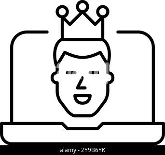 Männlicher Benutzer in der Krone auf dem Laptop-Bildschirm. VIP- oder Premium-Konto, Kontrolle über Administratorrechte. Pixelperfektes, bearbeitbares Konturvektorsymbol Stock Vektor