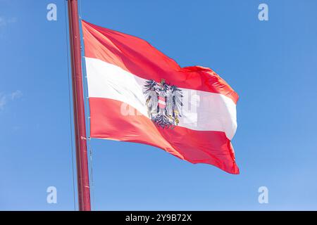 Das Emblem der Österreichischen Flagge winkt auf einem Pfosten mit blauem, bewölktem Himmel im Hintergrund Stockfoto
