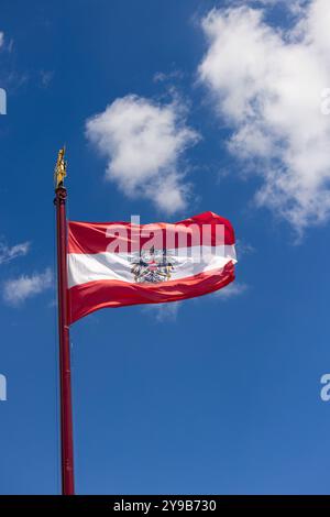 Das Emblem der Österreichischen Flagge winkt auf einem Pfosten mit blauem, bewölktem Himmel im Hintergrund Stockfoto
