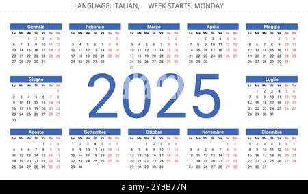2025-Jahreskalender. Italienische Sprache. Zahl in der Mitte. Druckbare Vektorillustration für Italien - Calendario Stock Vektor