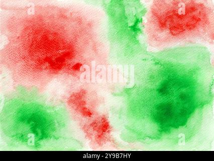 Hintergrund chaotischer Flecken in Aquarellen. Rot und grün. Verschiedene Schattierungen und Sättigung. Weißer Hintergrund. Abstraktion. Verteilen Sie die Teile ungleichmäßig auf dem Backgrou Stockfoto