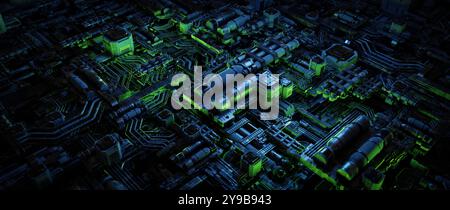 Ein abstraktes 3D-Rendering, das eine komplexe, futuristische Leiterplatte darstellt. Das Bild zeigt ein Netzwerk von miteinander verbundenen Drähten und Schaltungen, Highlighti Stockfoto