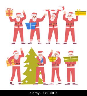 Gruppe des weihnachtsmanns. Flache Zeichentrickfiguren. Vektor . Stock Vektor