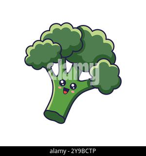 Süße Kawaii Broccoli Zeichentricksymbole Illustration. Lebensmittel Gemüse flach Symbol Konzept isoliert Stock Vektor