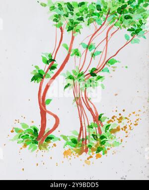 Wunderschöne helle Aquarellmalerei mit Madhabilata-Bäumen, Combretum indicum, Rangoon-Kriecher, Burma-Kriecher, roten Blumenhaufen. Aquarell-Kunst-Crea Stockfoto