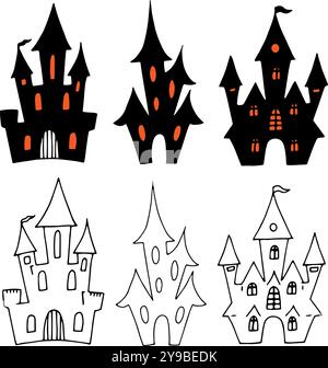 Set mit gespenstischen Häusersilhouetten. Schwarz-orange Umrisszeichnung für Halloween. Handgezeichnetes grafisches Clipart. Linienskizze des Herrenhauses für gruselige Einrichtung Stock Vektor