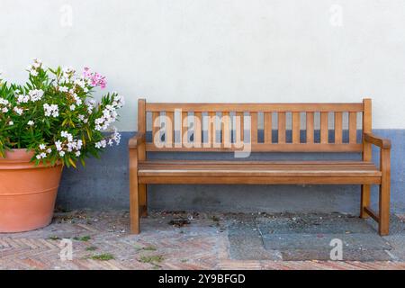 Großer Tontopf mit weißen und rosa Blumen und Holzbank an der Straßenmauer. Außendekoration. Gartendesign. Terrasse und Entspannungskonzept. Stockfoto