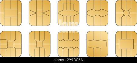 Goldene Vektorsymbole des EMV-Chips. Legen Sie das nfc-Symbol für die Linie fest. Kontaktlose Bezahlung an Terminals und Geldautomaten. Quadratische Computer-Mikrochips für Kreditkarten. Stock Vektor