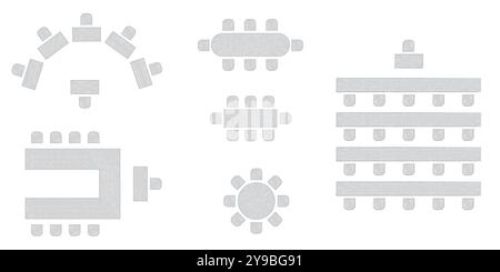 Sitzplan für Hochzeiten. Konferenz Bankett Seminarraum Inneneinrichtung, Konferenzsaal und Seminarraum Inneneinrichtung. Vektor-Draufsicht von Stock Vektor