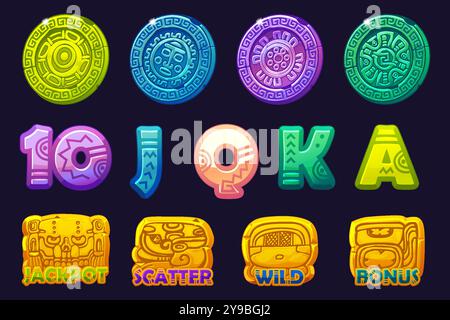 Set aus 12 Slots mit Maya- oder Aztekendesign. UI-Element für Ihr Glücksspiel. Symbole für 2D-Spiele und Casino oder Slots. Grafikelemente für die Stock Vektor