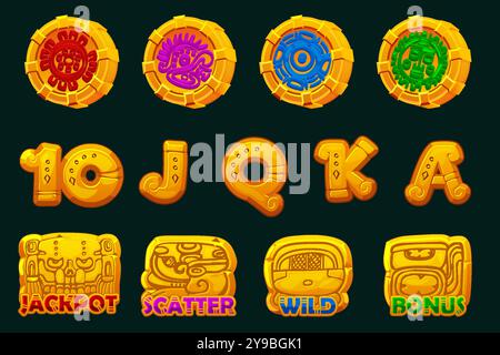 Goldenes Set aus 12 Slots mit Maya- oder Aztekendesign. UI-Element für Ihr Glücksspiel. Symbole für 2D-Spiele und Casino oder Slots. Grafikelemente für die Stock Vektor