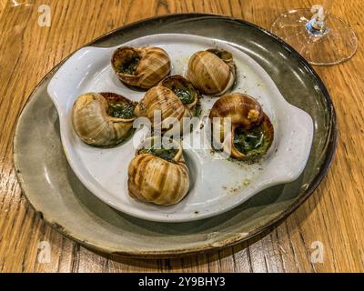 Nahaufnahme eines sprudelnden Schneckengerichts, serviert als Vorspeise in einem Restaurant in Chartres, Frankreich. Stockfoto