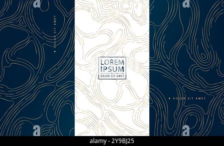 Vektorsatz abstrakter Kartentopographie, Holzstruktur, organische Formmuster. Gold auf Blau und weiß, kurvenreiche Meeresschablone. Stock Vektor