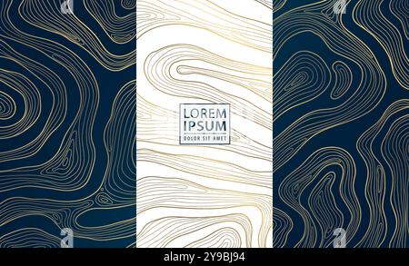 Vektorsatz abstrakter Kartentopographie, Holzstruktur, organische Formmuster. Gold auf Blau und weiß, kurvenreiche Meeresschablone. Stock Vektor