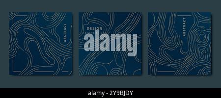 Vektorsatz abstrakter Kartentopographie, Holzstruktur, organische Formmuster. Gold auf Blau und weiß, kurvenreiche Meeresschablone. Stock Vektor