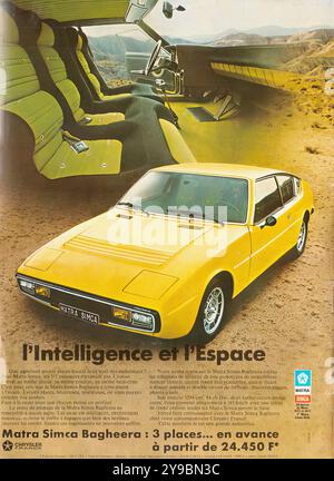 1973 Matra Simca Bagheera – Werbung für französische Vintage-Pressekraftwagen Stockfoto