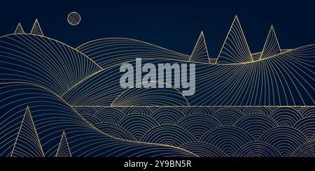 Vektor-Winterlinie Landschaft, Weihnachten goldene Linie Hintergrund. Berge und Bäume, Eisillustration, minimalistisches Muster der Natur. Stock Vektor