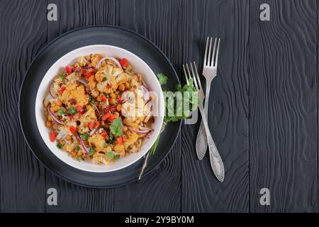 Gebratener Blumenkohl-Quinoa-Salat mit Walnüssen, rotem Pfeffer, Zwiebeln und Koriander in weißer Schüssel auf schwarzem Holztisch mit Gabeln, horizontale Ansicht Stockfoto
