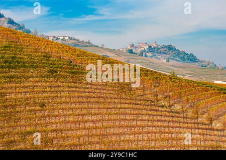 BAROLO, ITALIEN – 21. OKTOBER 2022: Die berühmten Weinberge von Barolo erstrecken sich über sanfte Hügel und produzieren einige der besten Weine Italiens. Stockfoto