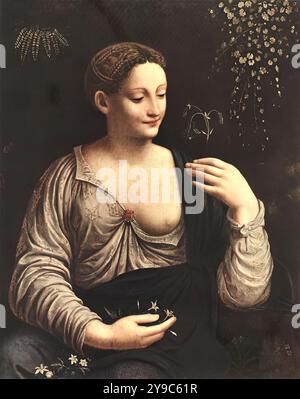 MELZI, Francesco (* 1493, Mailand, d. 1570, Mailand) Flora 1517-21 Öl auf Leinwand aus Holz übertragen, 76 x 63 cm Eremitage, St. Petersburg das Gemälde der römischen Blumengöttin Flora ist direkt mit dem Berliner Gemälde Pomona und Vertumnus verbunden. Beide spiegeln das gleiche Modell von Leonardo wider, nämlich die Figur der Mary im Burlington House Cartoon. Das Gemälde scheint zumindest bis Mitte des 16. Jahrhunderts in der königlichen Sammlung in Frankreich geblieben zu sein. Es ist möglich, dass auch ein Cartoon der halblangen Figur existierte, denn neben einigen Exemplaren gab es mindestens zwei Stockfoto