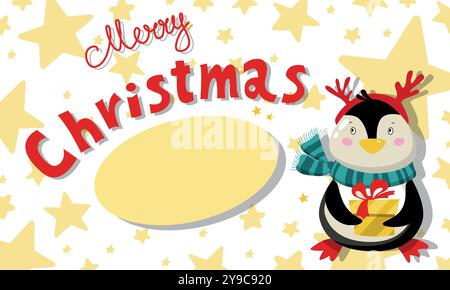 Frohe weihnachtsschablone mit niedlichem Pinguin und Sternen. Clipart-Bild. Neujahrsfeiertagskarte auf weißem Hintergrund. Stock Vektor