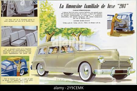 Peugeot 203 Limousine Familiale de luxe (1955) - Werbung für Oldtimer Stockfoto