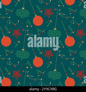 Nahtloses Muster mit Weihnachtsschmuck, stechpalme und Lichtern für Weihnachtsverpackungen und Tapeten Stock Vektor