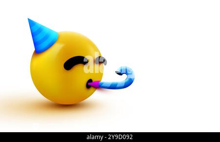 Partygesicht-Emoji – Gelbes Gesicht mit bläulichem Partyhut und Partyhorn. Vektordarstellung Stock Vektor