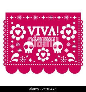 Viva! Papel Picado Vektor-Grußkarte mit Schädeln und Blumen inspiriert von Partygirlande geschnitten Dekorationen aus Mexiko. Nicht AI-generiert Stock Vektor