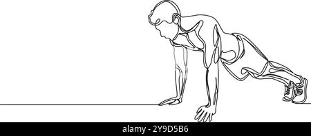 Durchgehende einzeilige Zeichnung von Fit Mann, der Liegestütze macht, Linie Art Vektor Illustration Stock Vektor