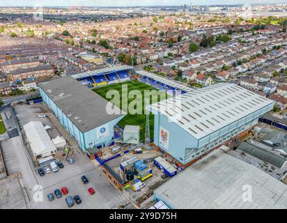 Allgemeine Luftaufnahme über Prenton Park, Tranmere Rovers FC, Birkenhead, England, Vereinigtes Königreich am 3. Oktober 2024 Credit: Every Second Media/Alamy Live News Stockfoto