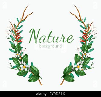 Grünes Blumenbanner mit lokalisiertem weißem Hintergrund. Blumenzusammensetzung. Kranz aus verschiedenen Blumen und Blättern für Karten, Hochzeitseinladungen, Poster, Save the Date oder Gruß Design. Stock Vektor