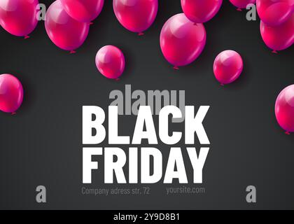 Black Friday Sale Poster mit glänzenden Ballons, isoliert auf schwarzem Hintergrund. Vektorabbildung. Stock Vektor