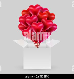 Ballonbündel in Herzform mit offenem Kasten. Valentinstag. Das Konzept der Liebe. Vektordarstellung Stock Vektor