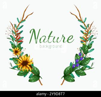 Grünes Blumenbanner mit lokalisiertem weißem Hintergrund. Blumenzusammensetzung. Kranz aus verschiedenen Blumen und Blättern für Karten, Hochzeitseinladungen, Poster, Save the Date oder Gruß Design. Stock Vektor