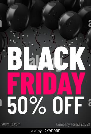 Black Friday Sale Webbanner-Vorlage. Dunkler Hintergrund mit schwarzen Ballons und Konfetti für saisonale Rabattangebote. Vektorabbildung Stock Vektor