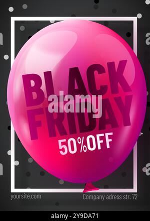 Black Friday Sale Webbanner-Vorlage. Dunkelrosa mit schwarzem Ballon und Konfetti für saisonale Rabattangebote. Vektorabbildung Stock Vektor