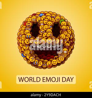 Welt-Emoji-Tag. Smiley-Gesicht aus vielen kleinen Lächeln. Ungewöhnliches und kreatives Smile-Crowd-Konzept. Vektorabbildung. Stock Vektor