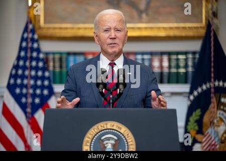 Washington, Vereinigte Staaten Von Amerika. Oktober 2024. Washington, Vereinigte Staaten von Amerika. Oktober 2024. U. US-Präsident Joe Biden hält Bemerkungen über die Gefahren des bevorstehenden katastrophalen Hurrikans Milton vom Roosevelt Room des Weißen Hauses, 9. Oktober 2024 in Washington, DC Credit: Oliver Contreras/White House Photo/Alamy Live News Stockfoto