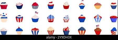 4. juli Cupcake Icons Set. Sammlung köstlicher Cupcakes, dekoriert mit patriotischen Farben und Flaggen, perfekt für amerikanische Feiertage Stock Vektor