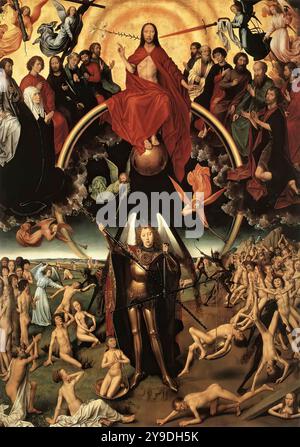 MEMLING, Hans (* ca. 1440, Seligenstadt, d. 1494, Brügge) Triptychon des letzten Gerichts (Mitte) 1467-71 Öl auf Holz, 221 x 160 cm Muzeum Narodowe, Danzig Christus erscheint in evangelischem Gewand auf einem Regenbogen sitzend, seine Füße auf einem glänzenden goldenen Globus, umgeben von den zwölf Aposteln und den Fürsprechern Maria und Johannes dem Täufer. Sie sind alle auf einer Wolke abgebildet, die sich links bis zu den Toren des Paradieses und direkt bis zum Mund der Hölle fortsetzt. Die traditionellen Engel mit den Instrumenten der Passion schweben paarweise über dieser göttlichen Versammlung, während die vier Engel ihren Apokalypt blasen Stockfoto